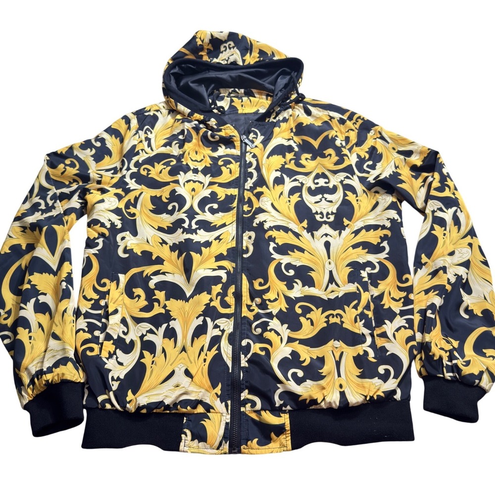Versace Barocco Print Hooded Windbreaker Jacket Gold Black Medusa Zip XL